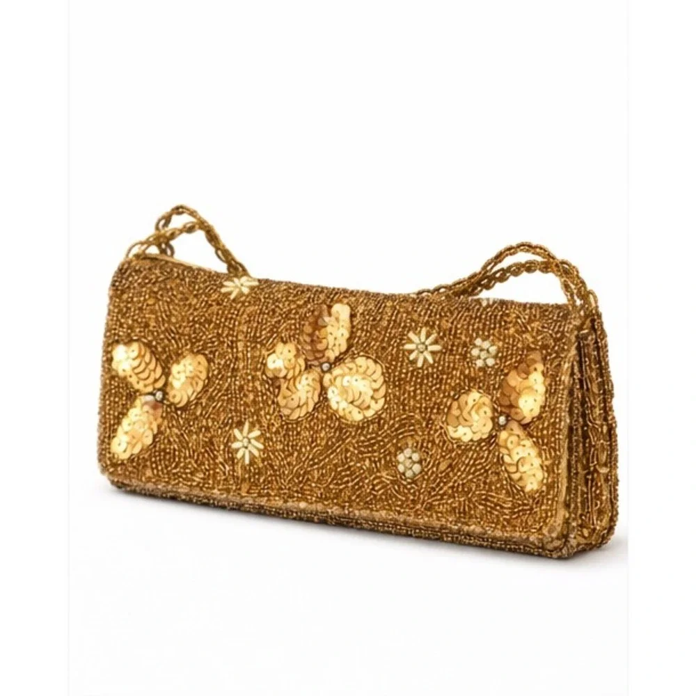 Bijoux Terner Womens Oblong Clutch Evening Bag Gold Sequin Micro‎ Beaded Floral_2